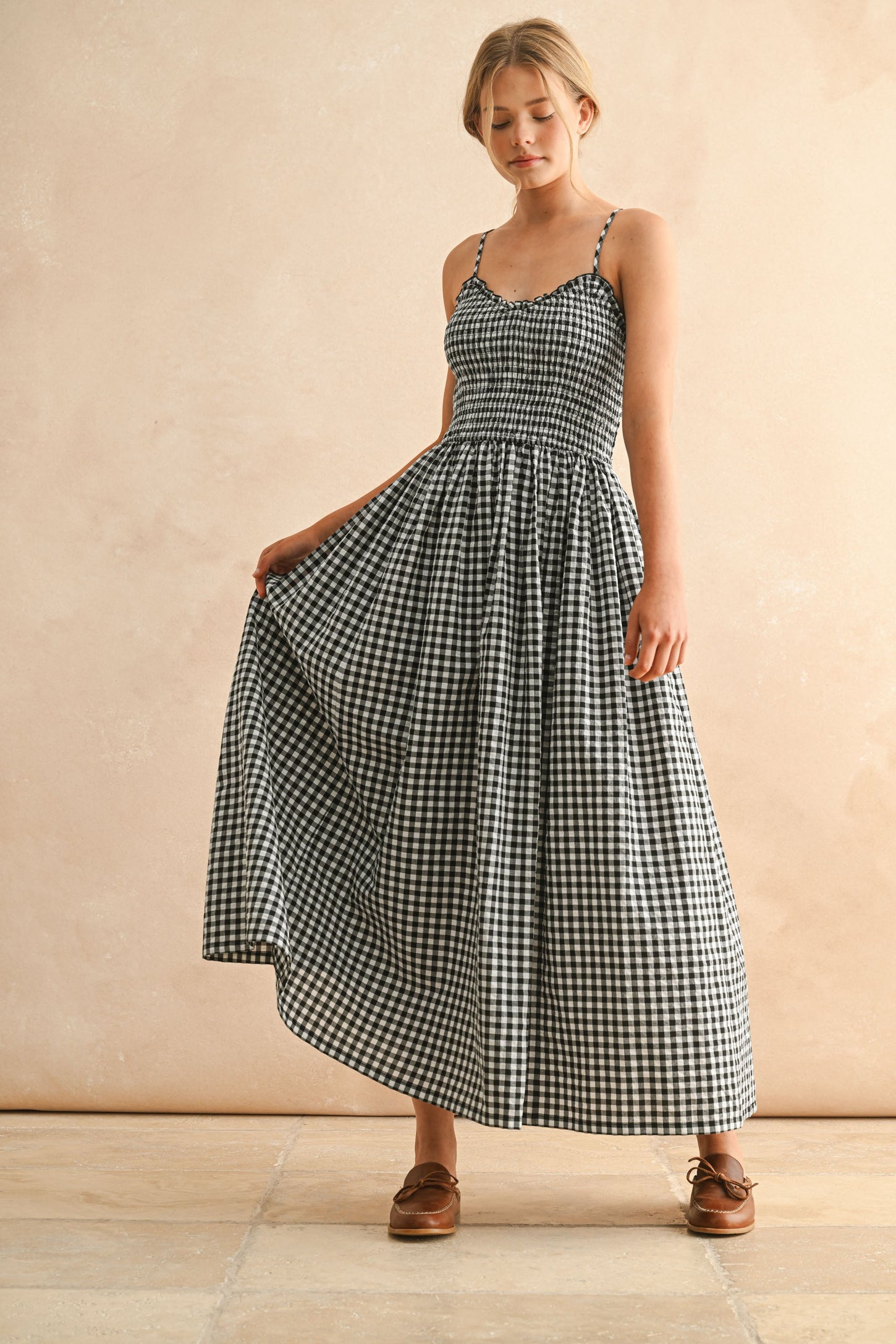 Black Gingham Smocked Ruffle Accent Maternity Maxi Dress