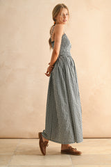 Black Gingham Smocked Ruffle Accent Maxi Dress