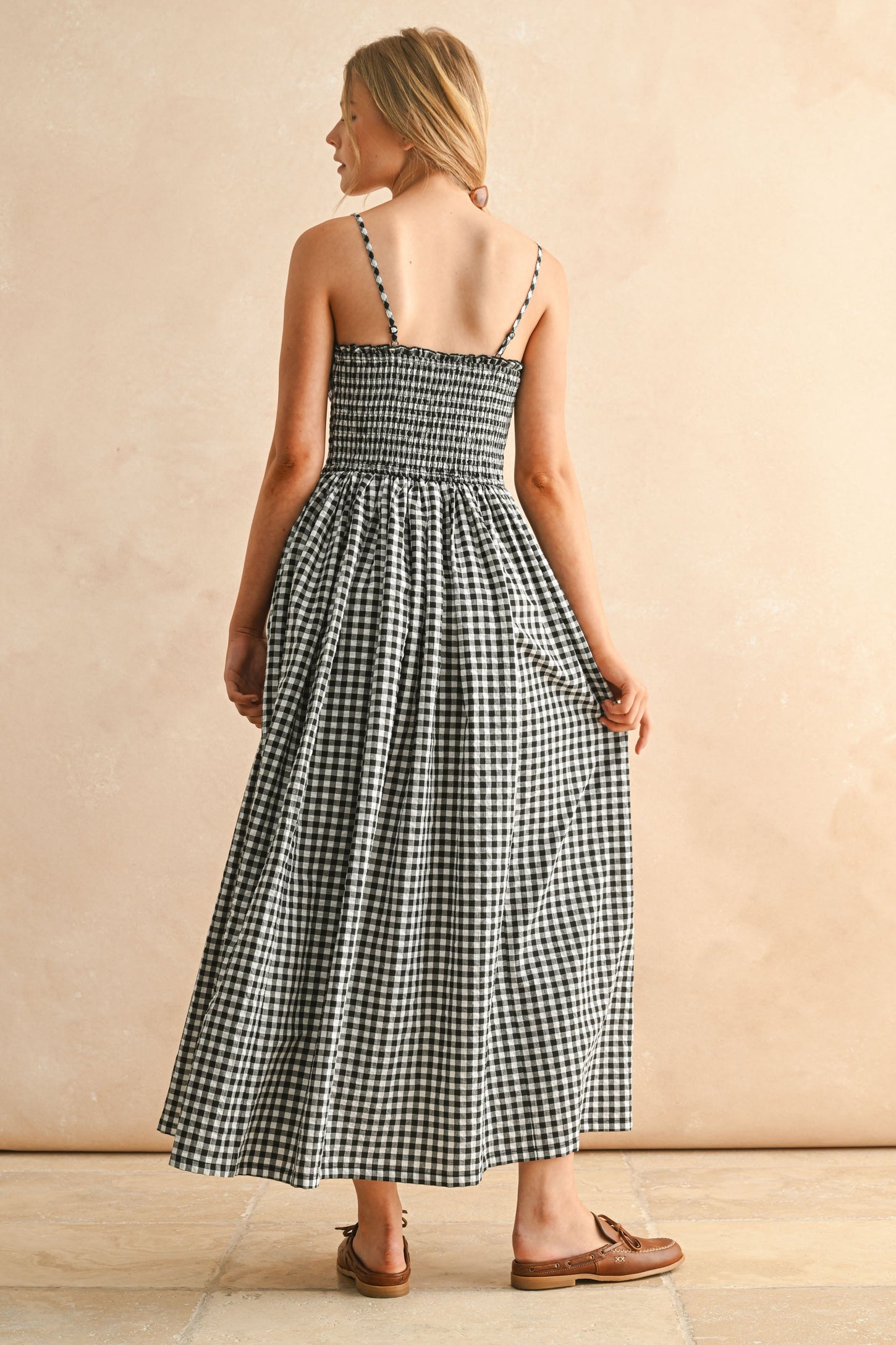 Black Gingham Smocked Ruffle Accent Maxi Dress