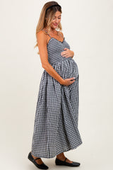 Black Gingham Smocked Ruffle Accent Maternity Maxi Dress