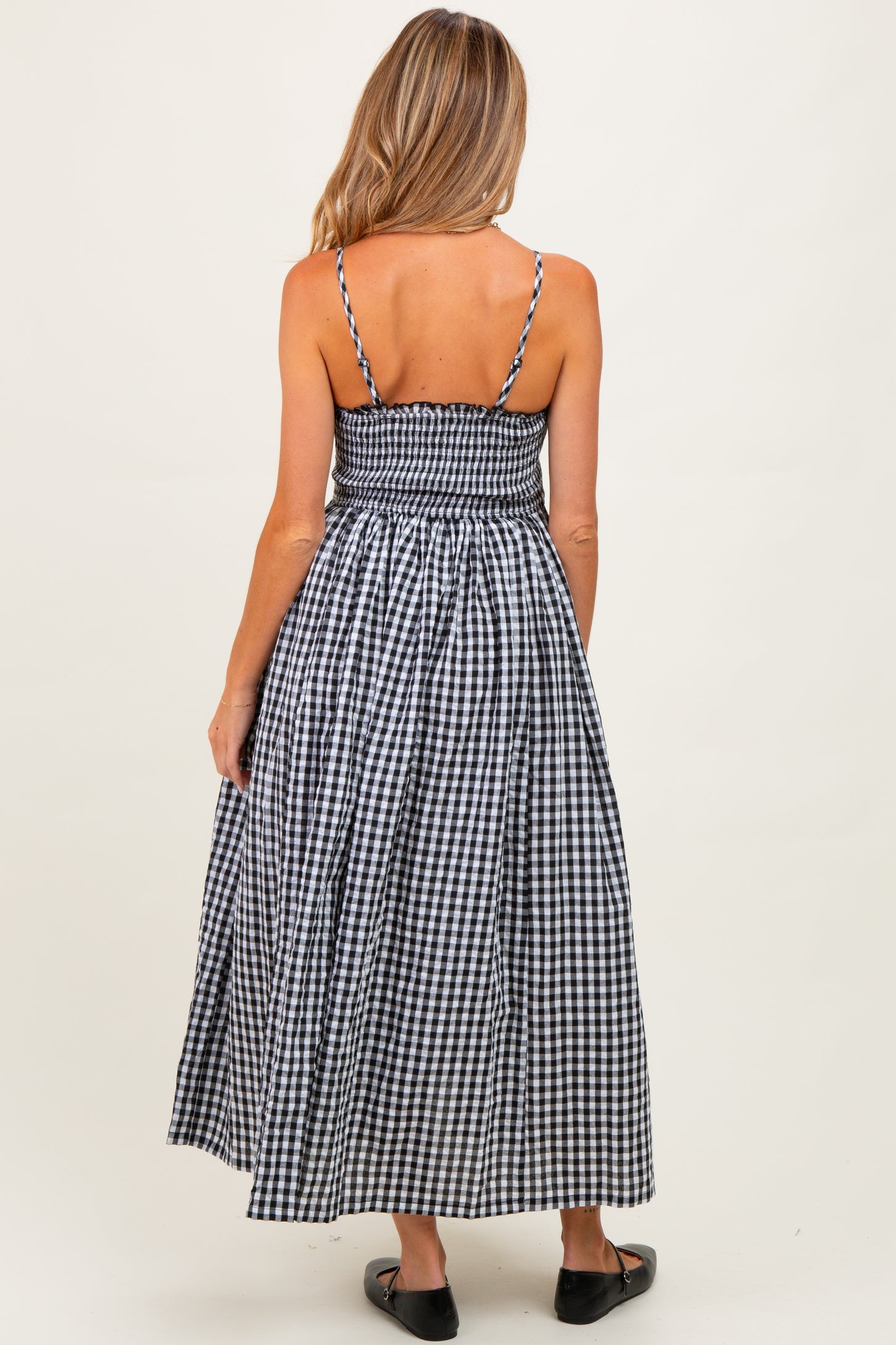 Black Gingham Smocked Ruffle Accent Maternity Maxi Dress