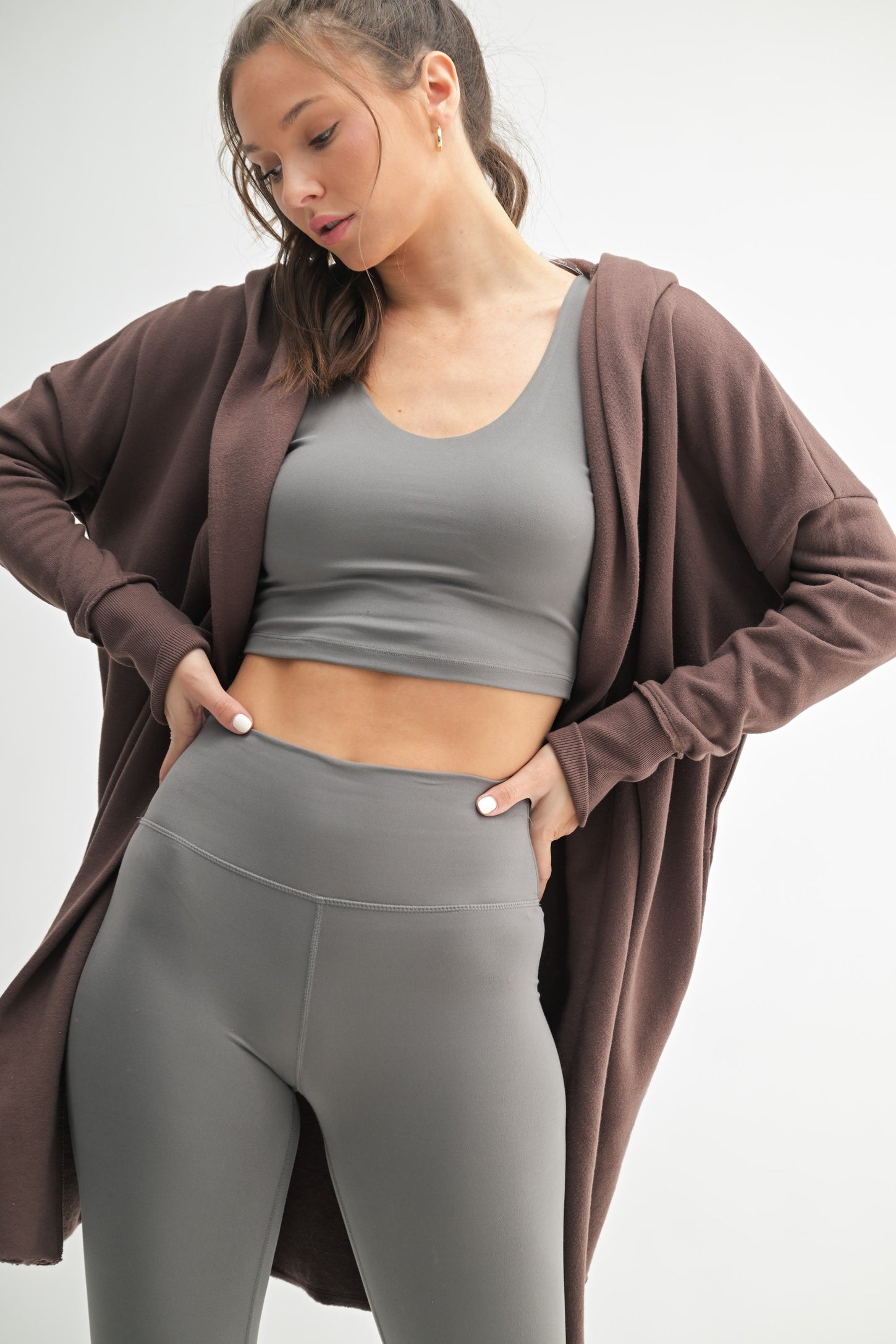 Mocha Hooded Long Maternity Cardigan