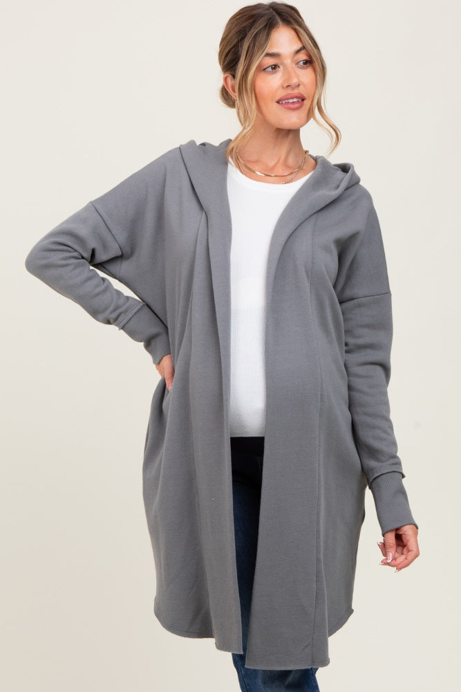 Grey Hooded Long Maternity Cardigan