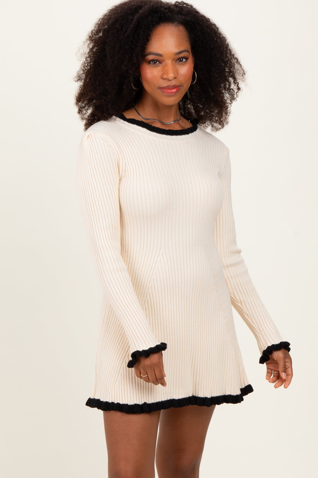 Ivory Ribbed Knit Contrast Ruffle Trim Mini Dress