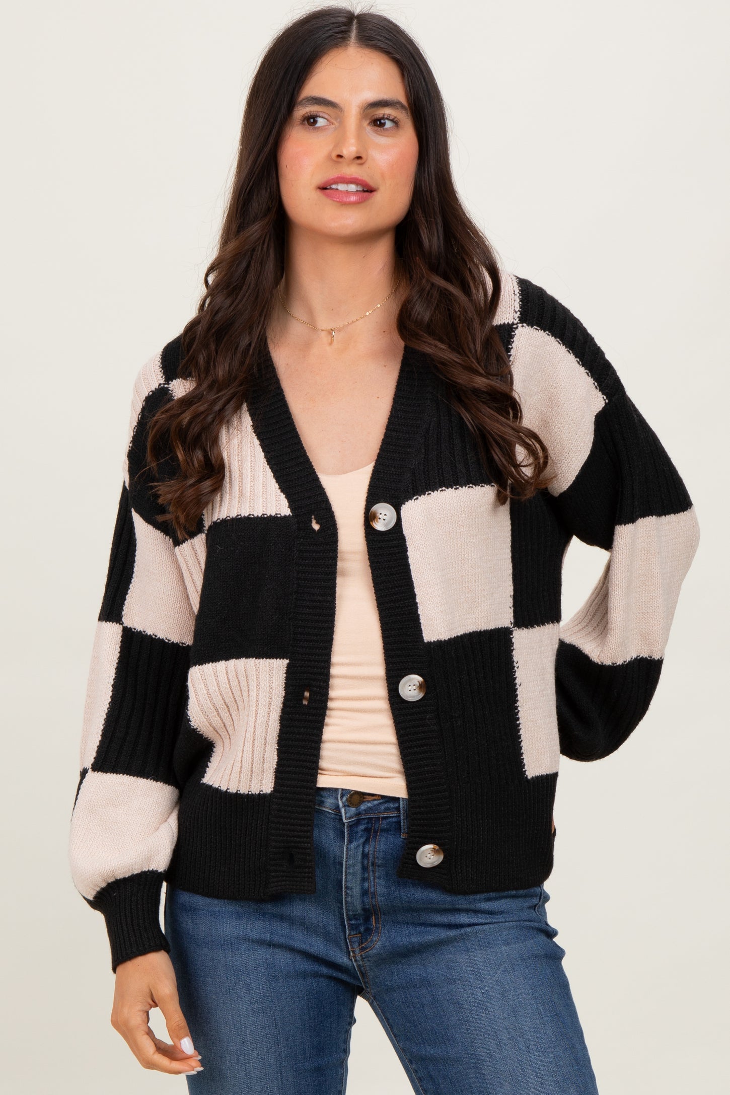 Black Checkered Rib Bubble Sleeve Button Cardigan