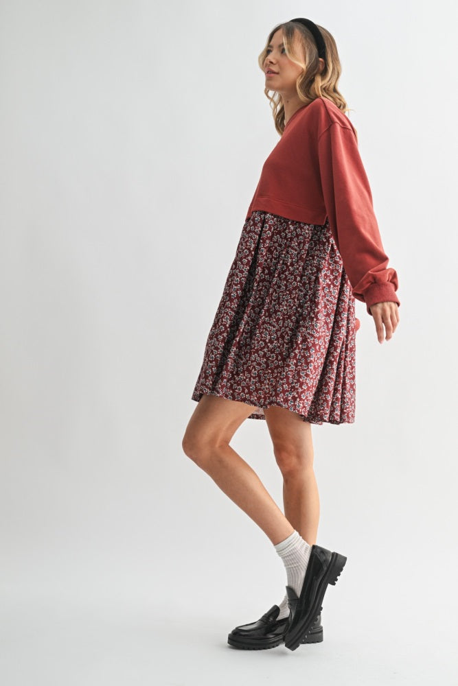 Burgundy Floral Sweatshirt Contrast Dress