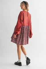 Burgundy Floral Sweatshirt Contrast Dress