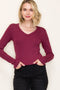 Burgundy Fine Rib V-Neck Long Sleeve Top