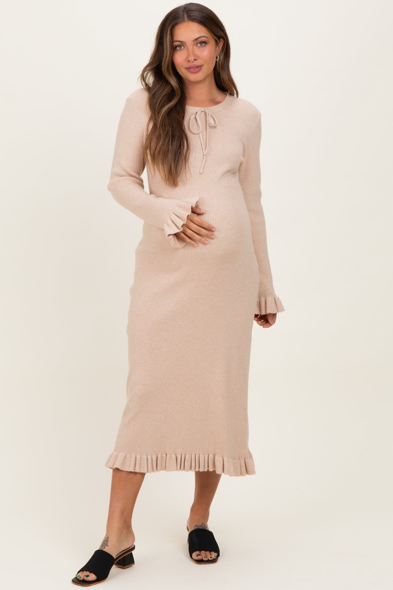 Beige Ribbed Knit Ruffle Trim Maternity Midi Sweater Dress