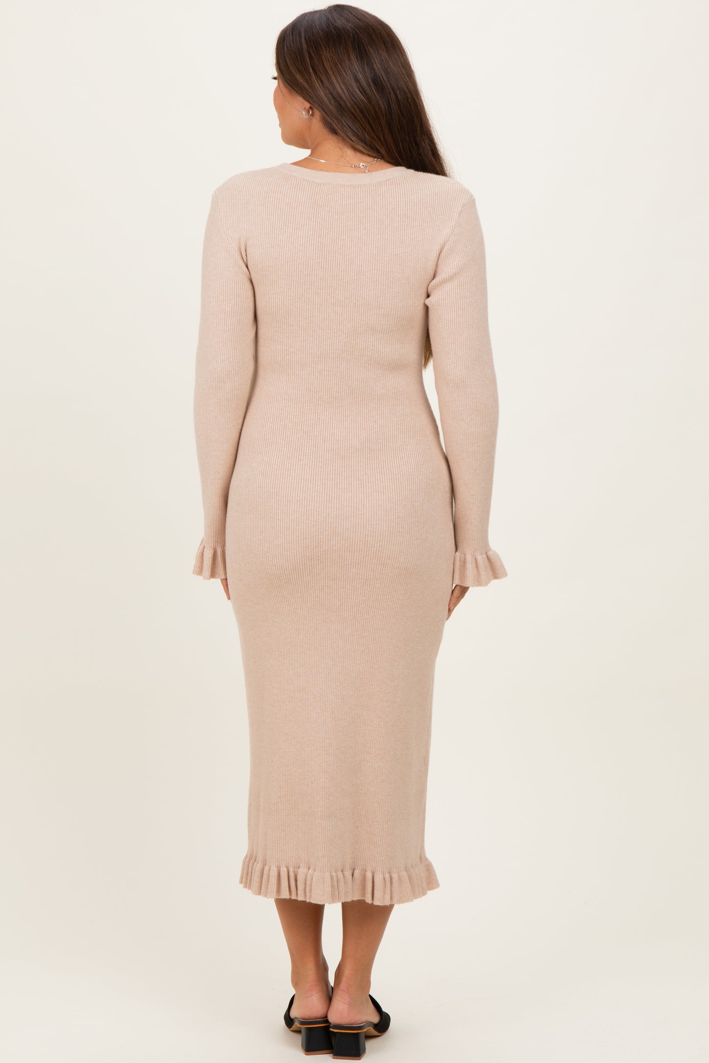 Beige Ribbed Knit Ruffle Trim Maternity Midi Sweater Dress