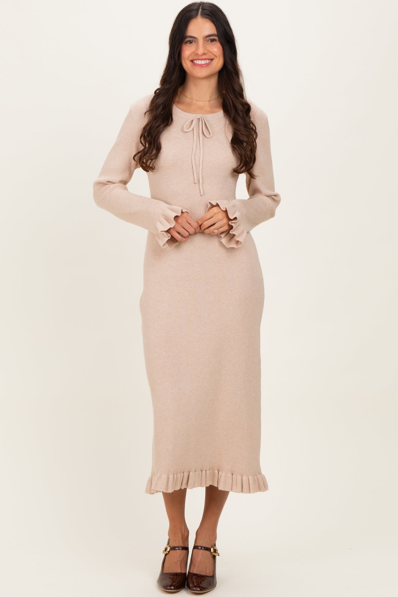 Beige Ribbed Knit Ruffle Trim Midi Sweater Dress
