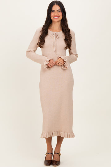 Beige Ribbed Knit Ruffle Trim Midi Sweater Dress