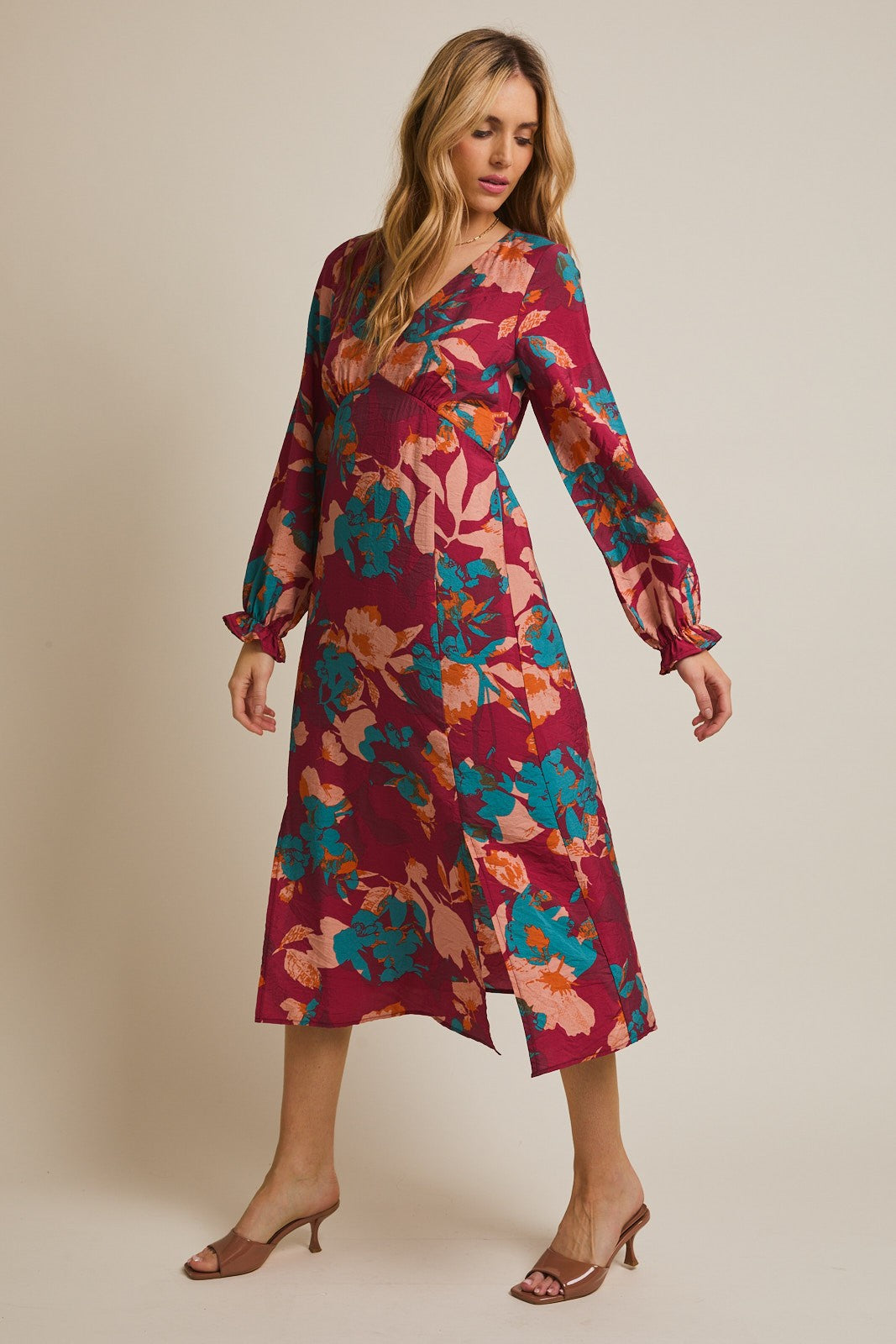 Burgundy Floral V-Neck Long Sleeve Dress