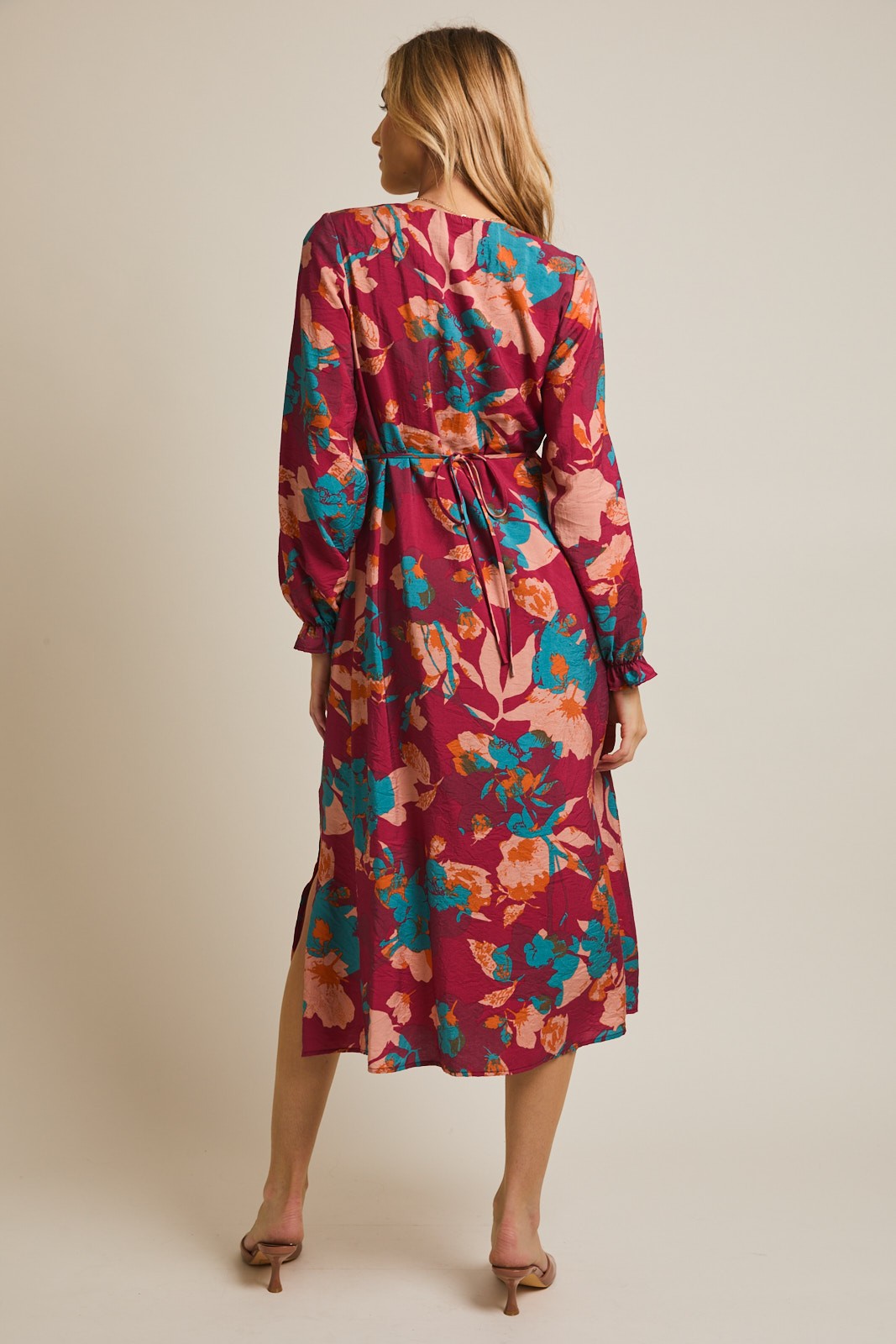 Burgundy Floral V-Neck Long Sleeve Dress