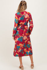 Burgundy Floral V-Neck Long Sleeve Maternity Dress