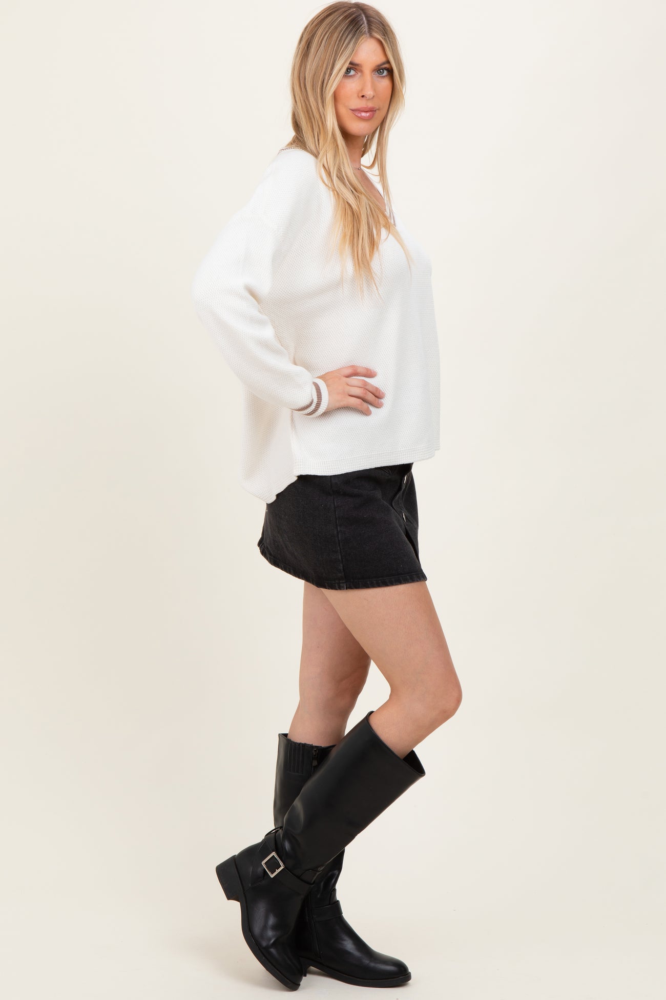 Ivory Deep V-Neck Border Stripe Sweater