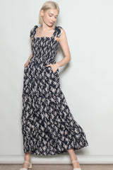 Black Floral Shoulder Tie Maternity Maxi Dress