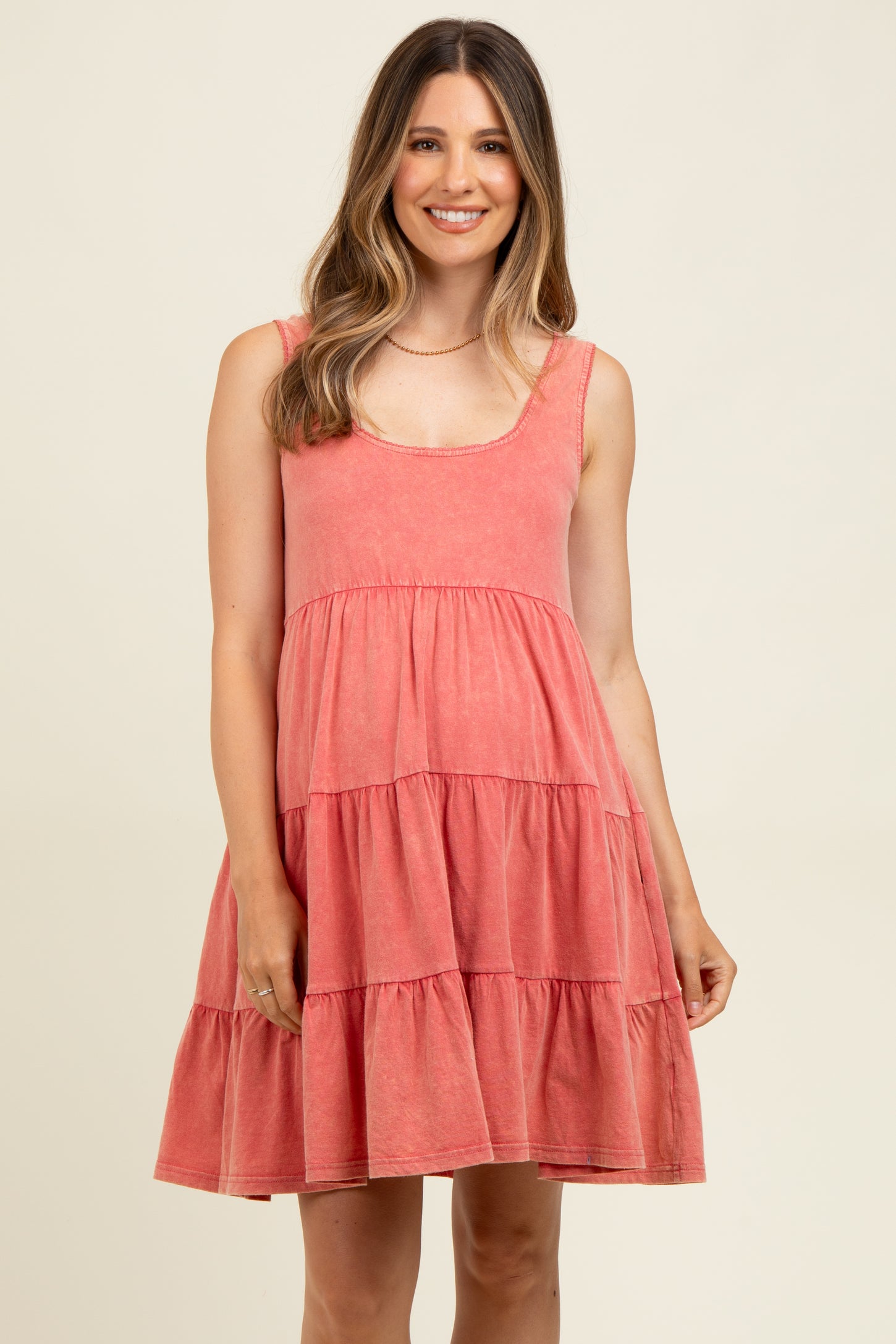 Red Lace Trim Washed Cotton Maternity Tank Dress