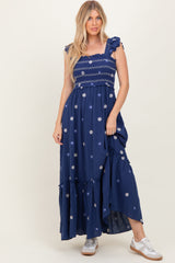 Royal Blue Floral Embroidered Smocked Maternity Maxi Dress