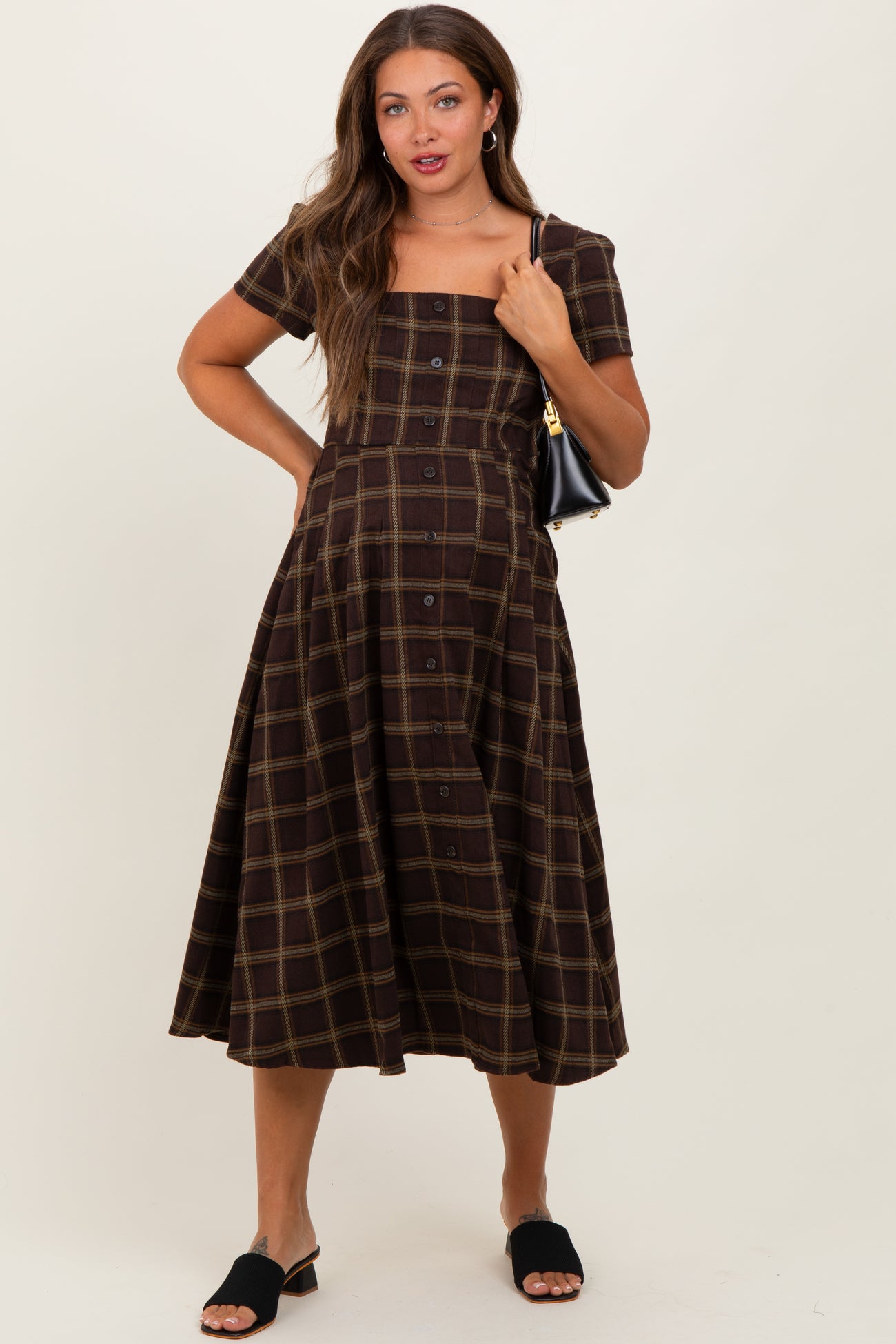 Brown Plaid Button Down Maternity Midi Dress