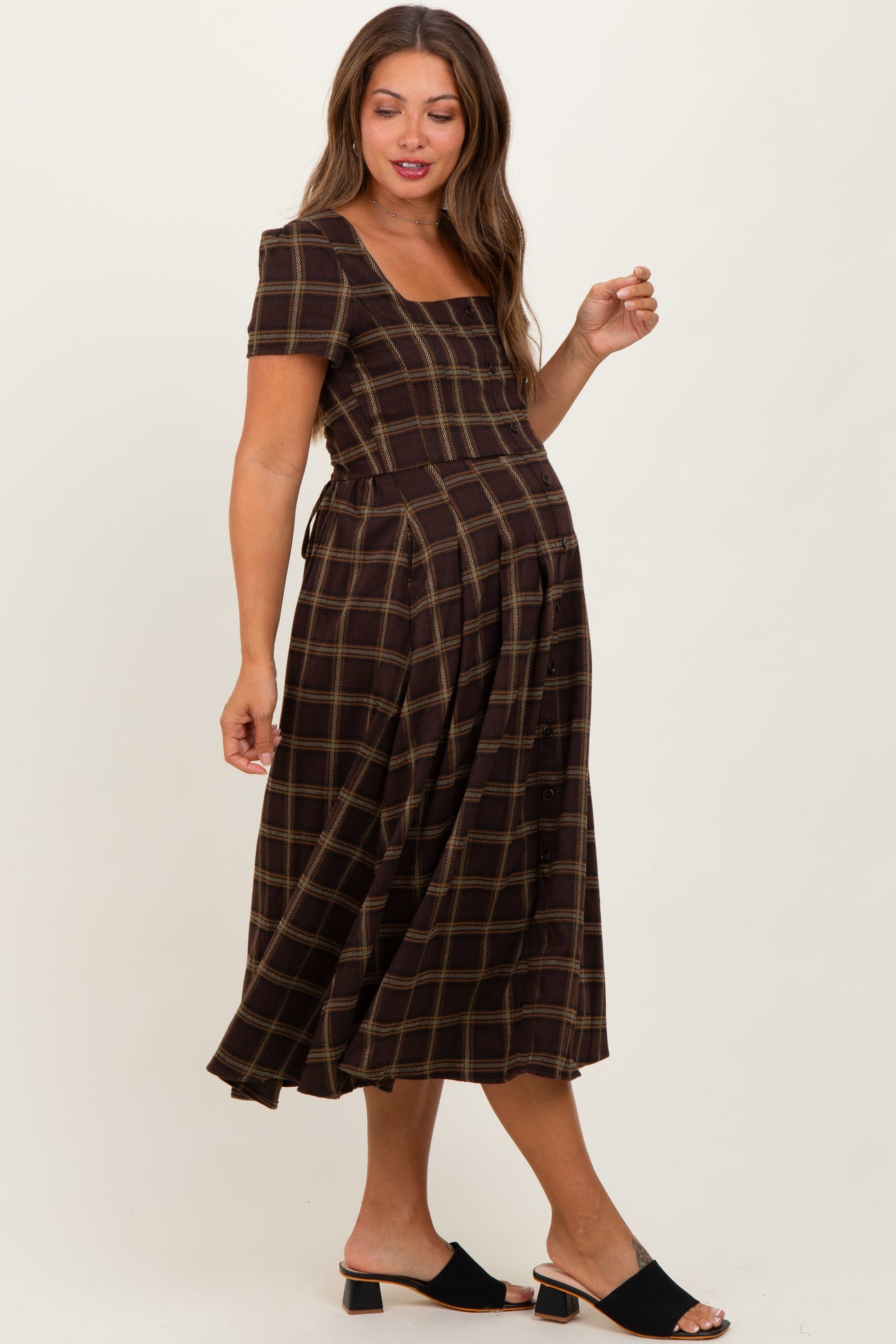 Brown Plaid Button Down Maternity Midi Dress