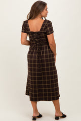 Brown Plaid Button Down Maternity Midi Dress