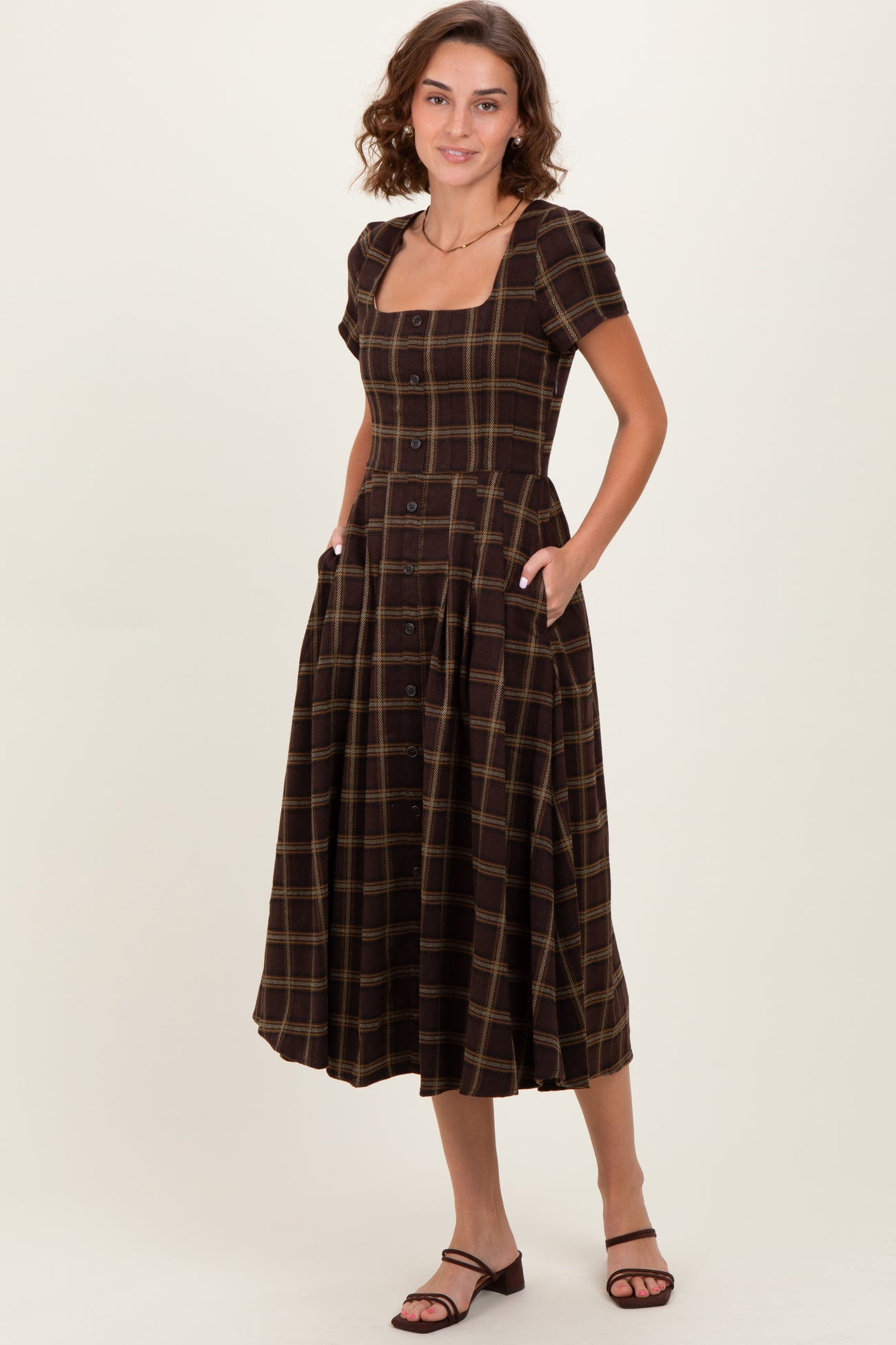 Brown Plaid Button Down Midi Dress