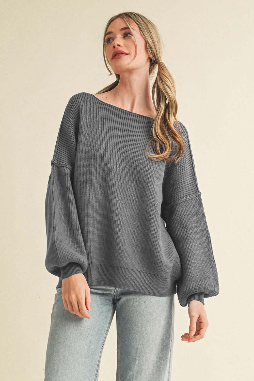 Charcoal Balloon Sleeve Boat Neck Knit Sweater