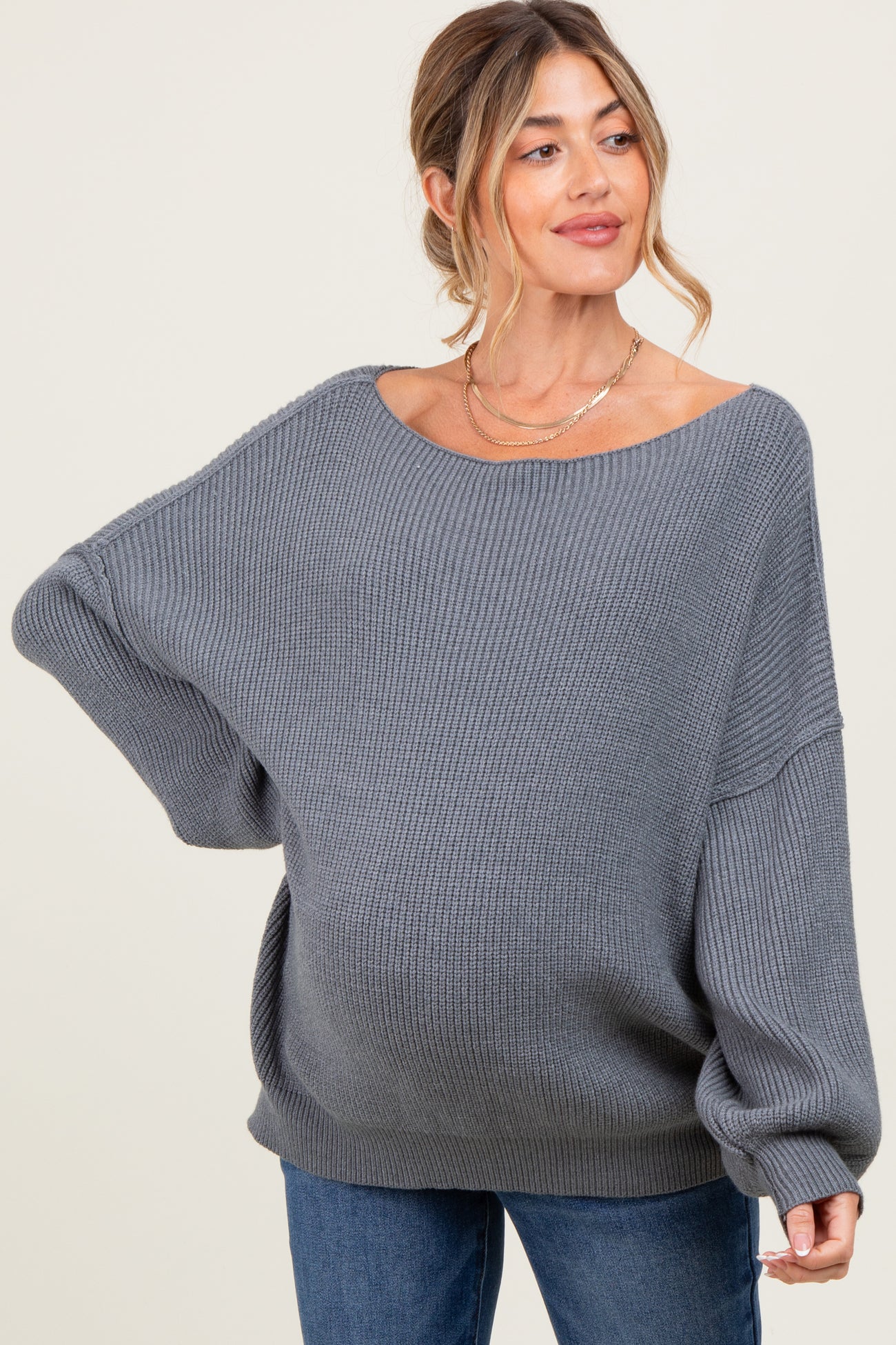 Charcoal Balloon Sleeve Boat Neck Knit Maternity Sweater