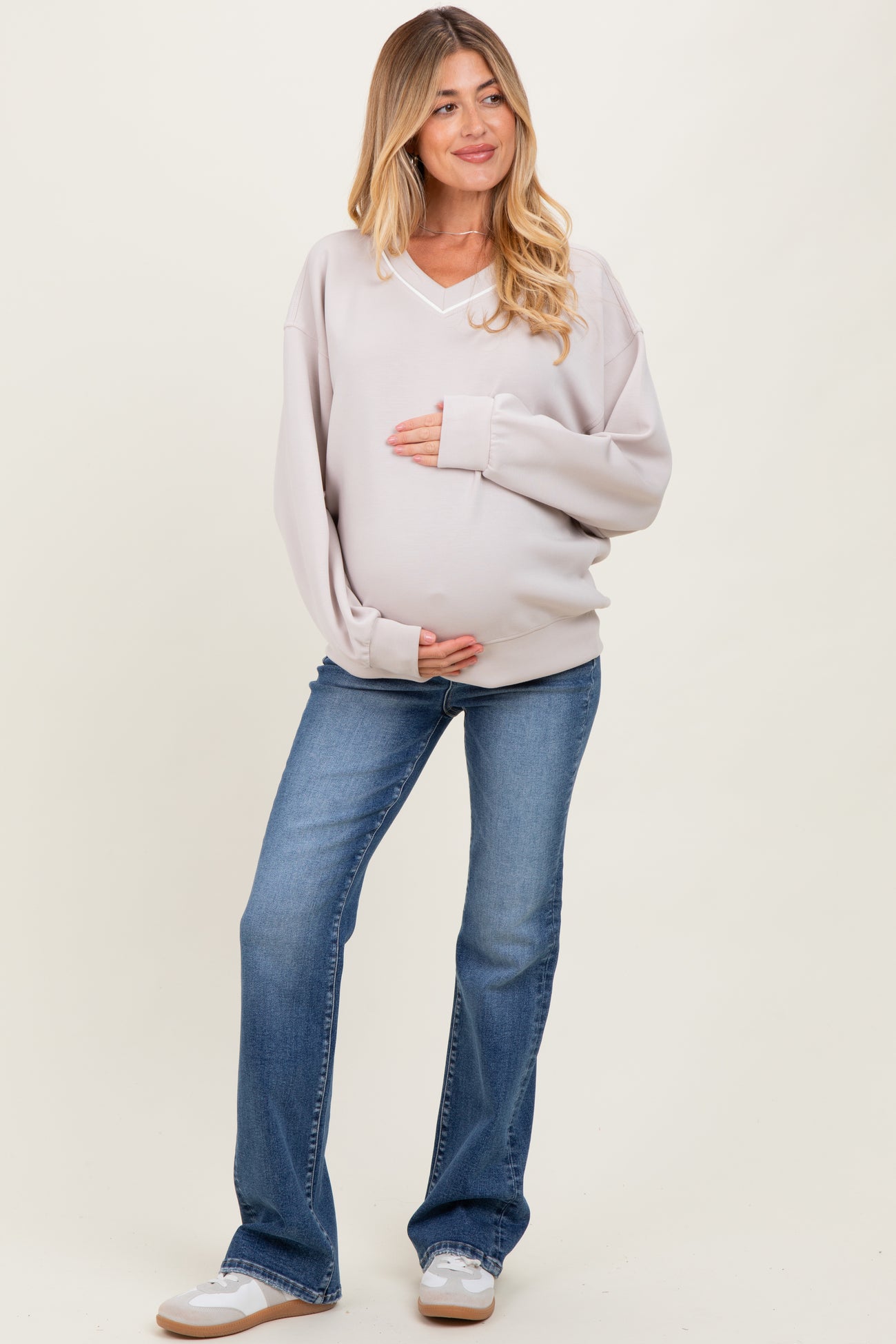 Beige V-Neck Maternity Sweatshirt