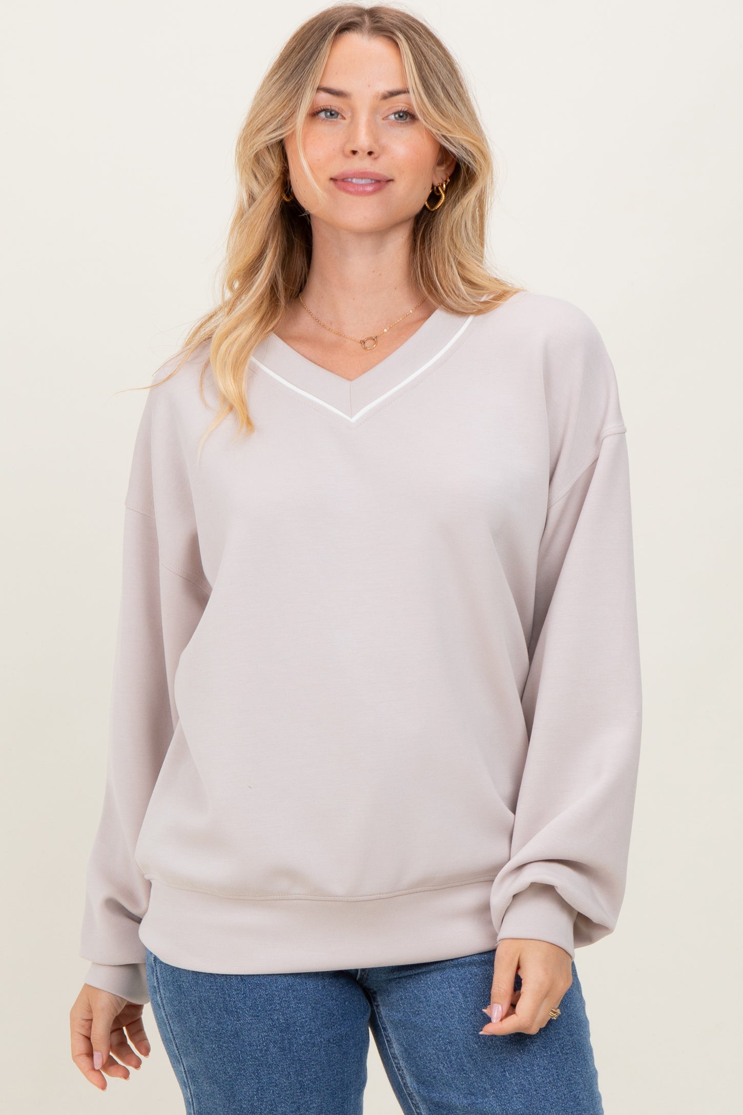 Beige V-Neck Sweatshirt