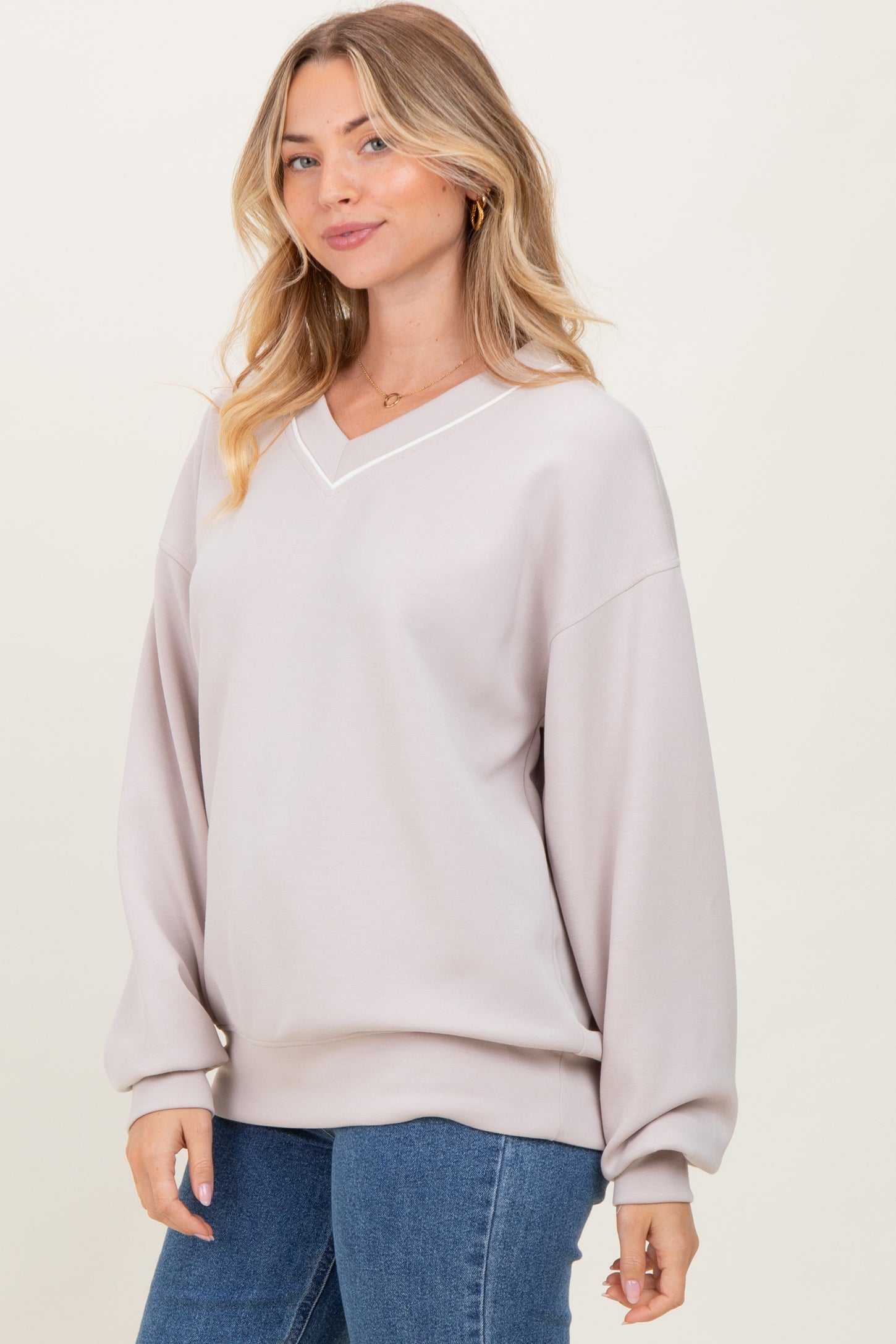 Beige V-Neck Sweatshirt
