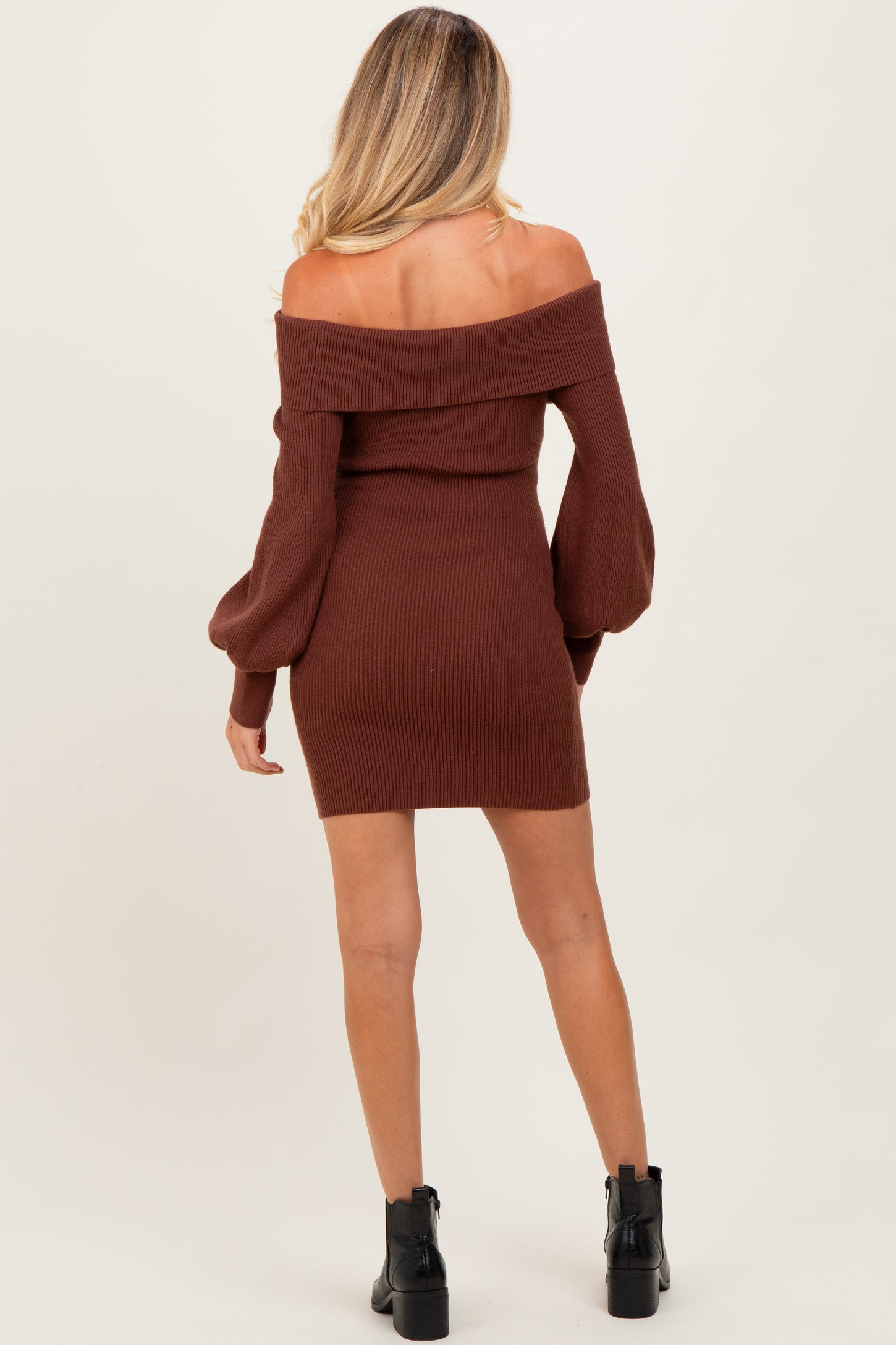 Brown Off The Shoulder Maternity Sweater Dress