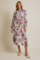 Cream Floral Neck Tie Long Sleeve Maternity Midi Dress