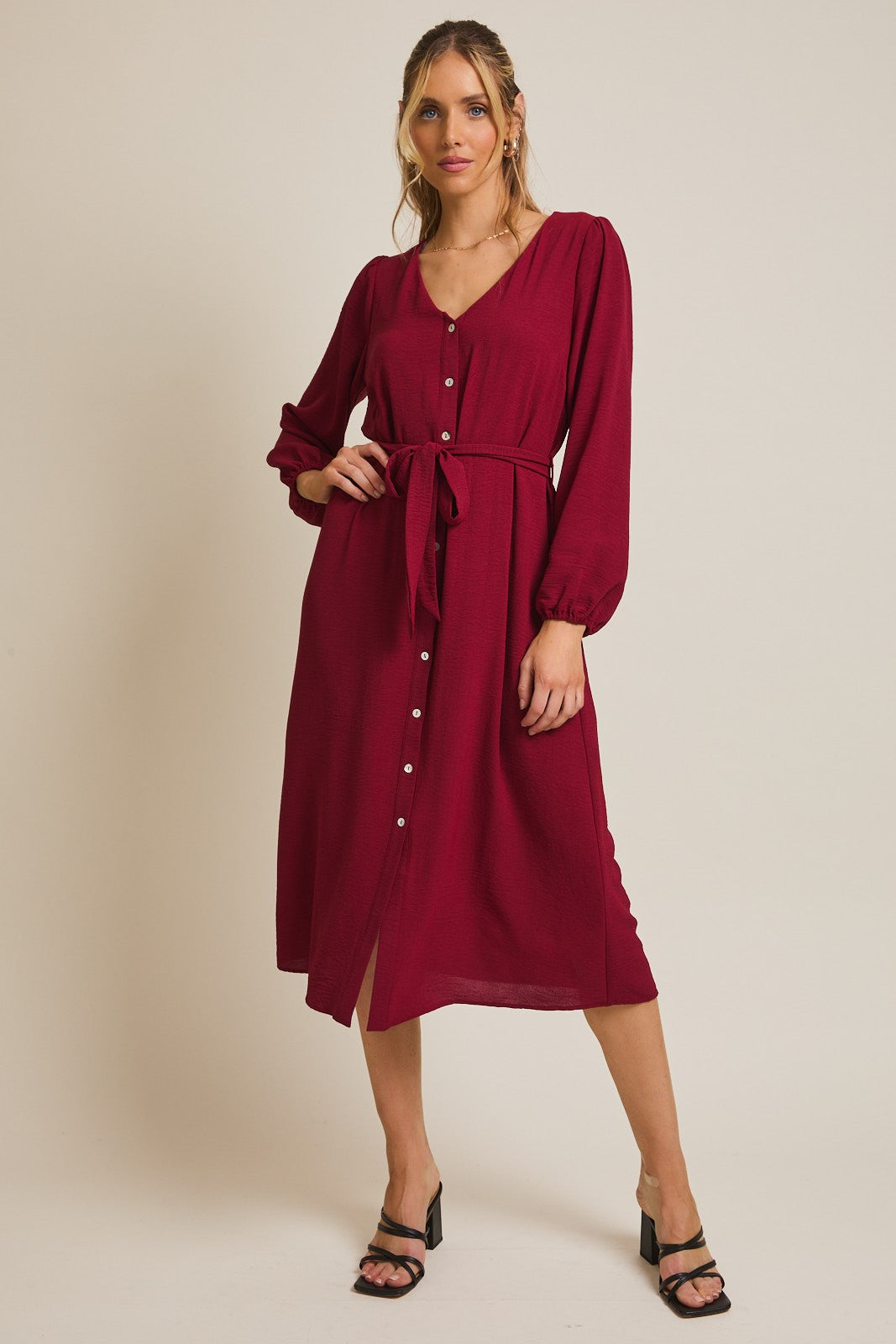 Burgundy V Neck Long Sleeve Button Down Maternity Midi Dress