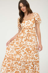 Orange Floral Scallop Trim Puff Sleeve Midi Dress