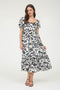 Black Floral Scallop Trim Puff Sleeve Midi Dress