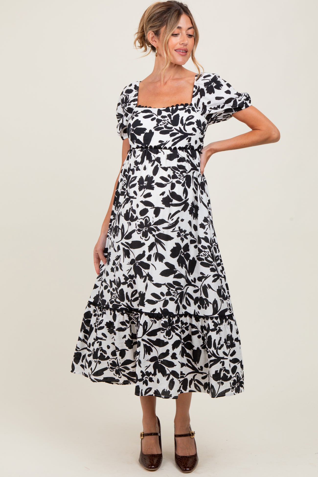 Black Floral Scallop Trim Puff Sleeve Maternity Midi Dress
