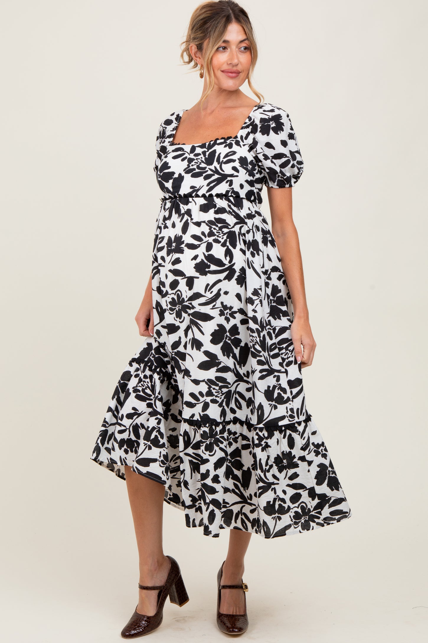 Black Floral Scallop Trim Puff Sleeve Maternity Midi Dress