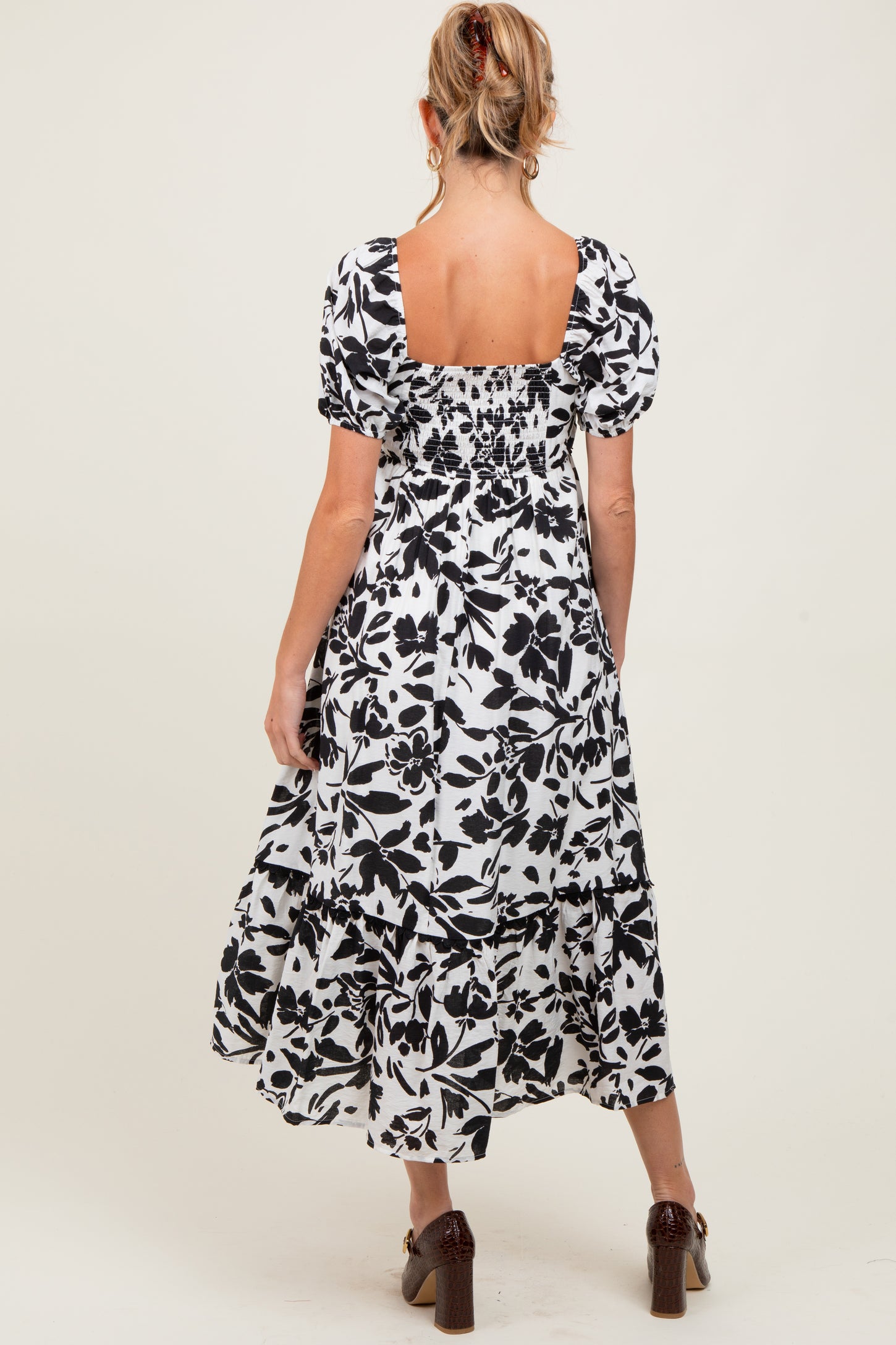 Black Floral Scallop Trim Puff Sleeve Maternity Midi Dress
