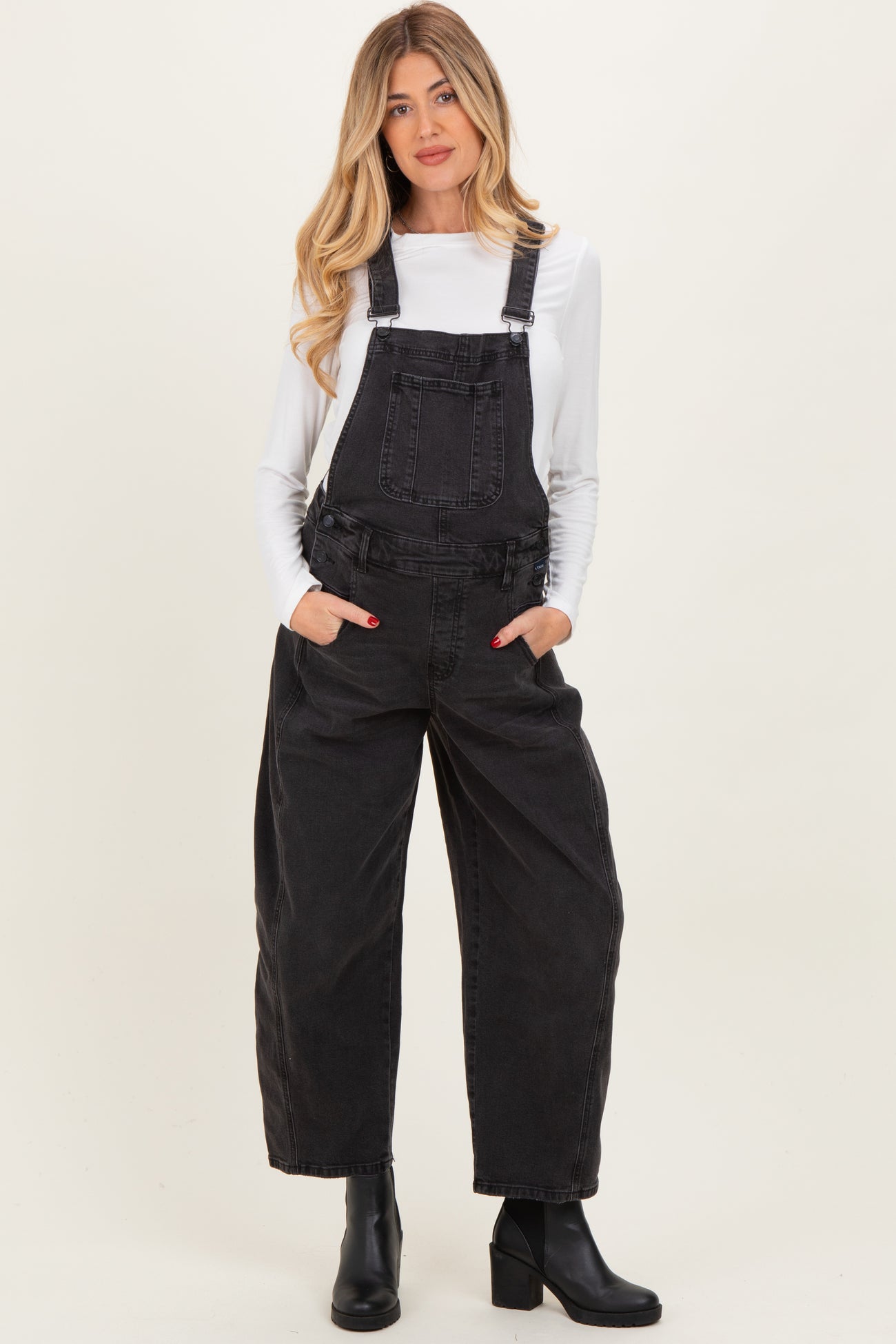 Black Barrel Leg Maternity Denim Overalls
