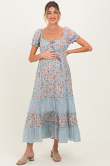 Light Blue Floral Lace Inset Puff Sleeve Maternity Maxi Dress