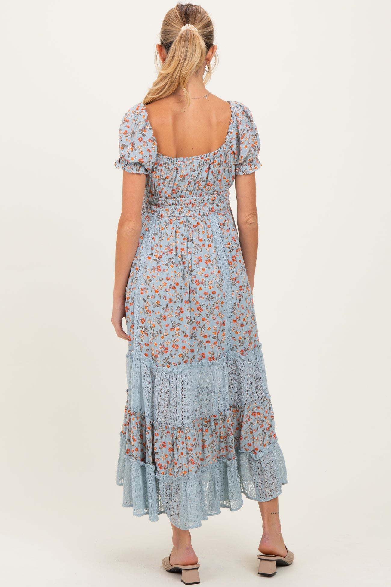 Light Blue Floral Lace Inset Puff Sleeve Maternity Maxi Dress