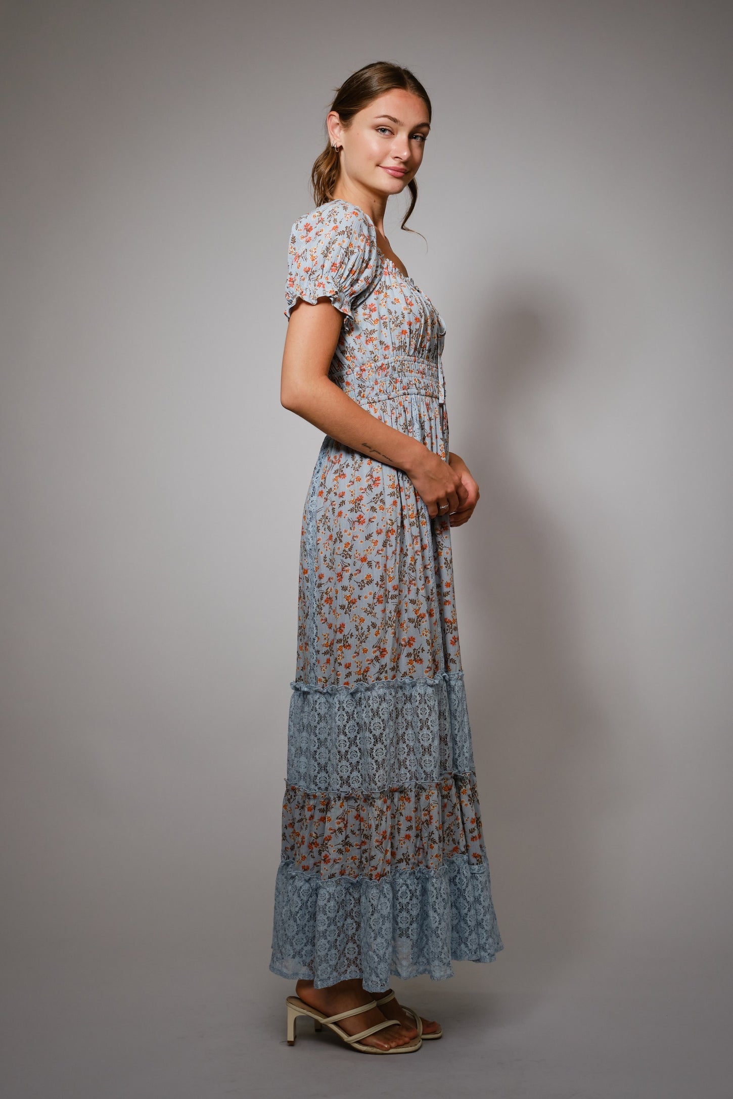 Light Blue Floral Lace Inset Puff Sleeve Maxi Dress