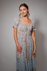 Light Blue Floral Lace Inset Puff Sleeve Maxi Dress