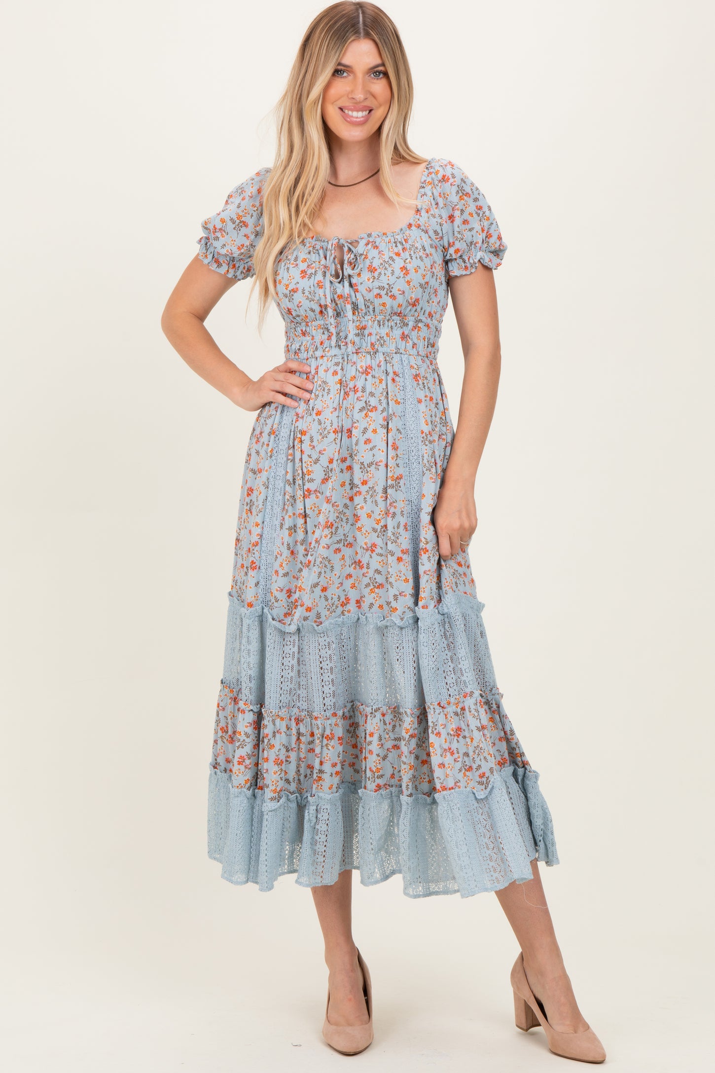 Light Blue Floral Lace Inset Puff Sleeve Maternity Maxi Dress