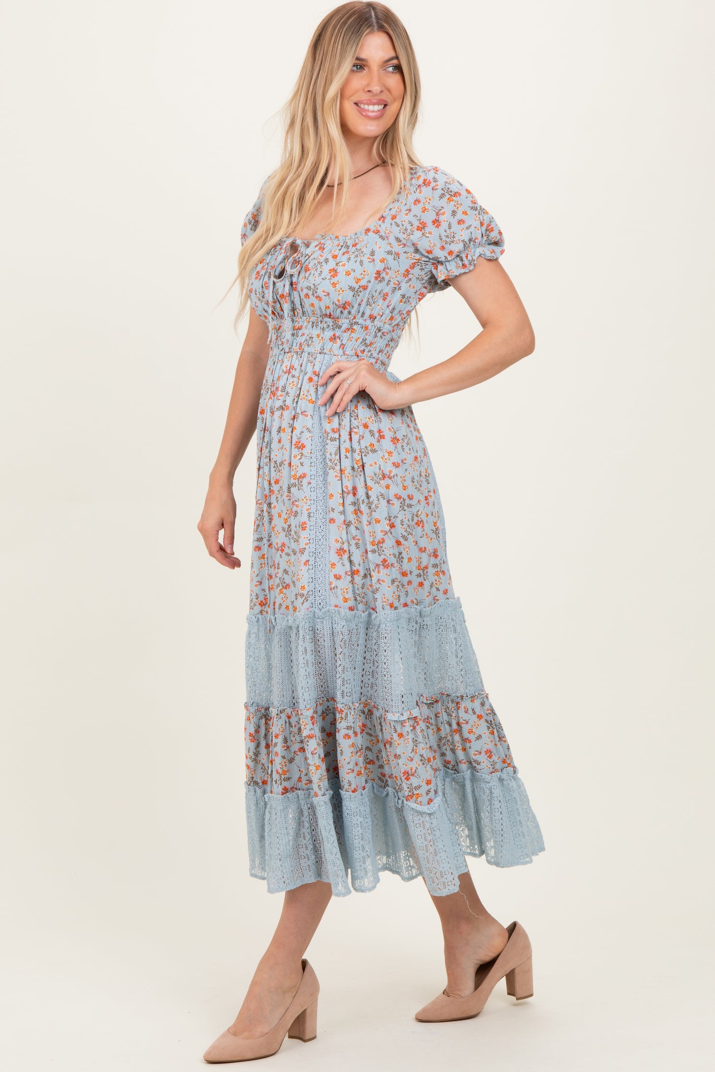 Light Blue Floral Lace Inset Puff Sleeve Maxi Dress