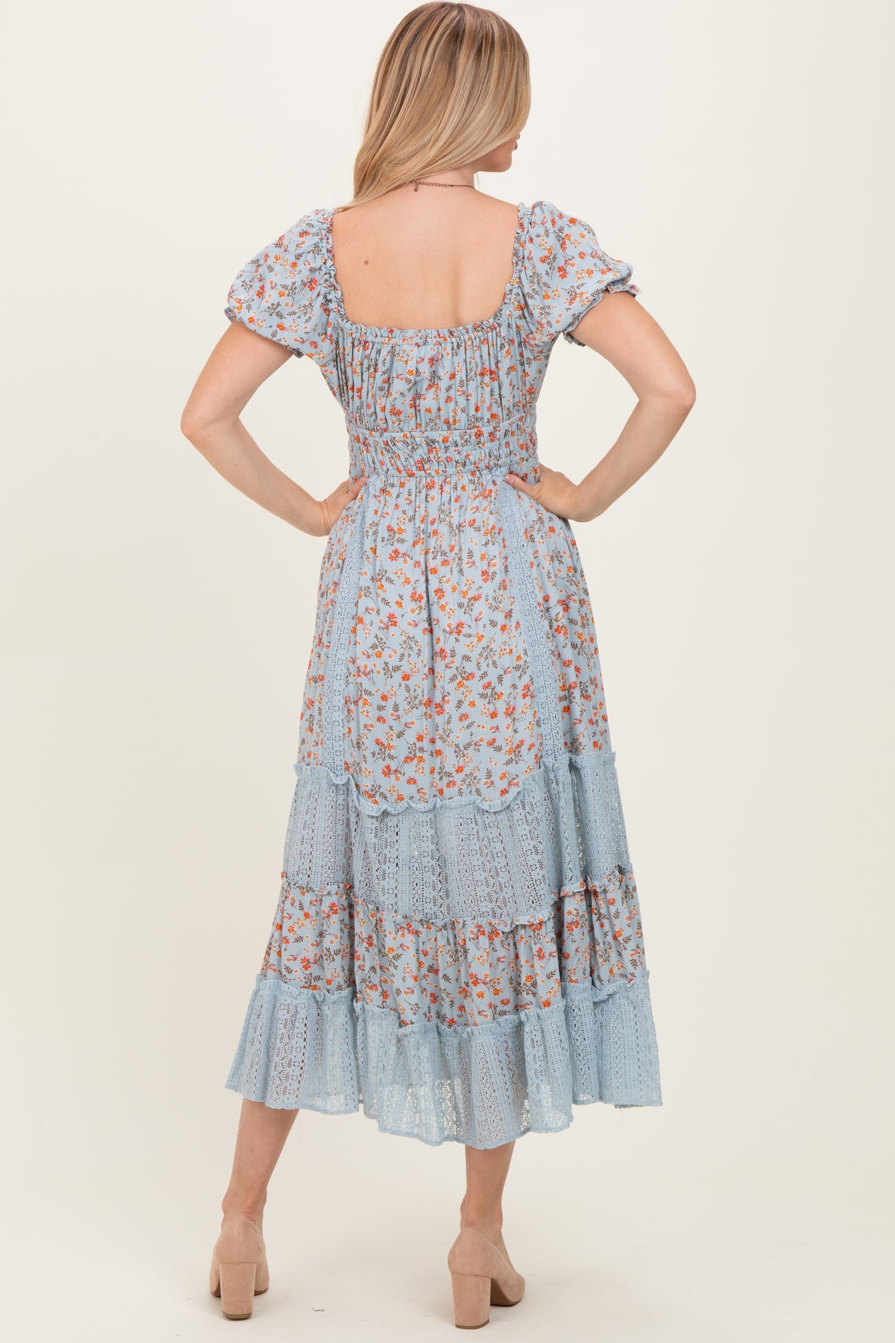 Light Blue Floral Lace Inset Puff Sleeve Maxi Dress