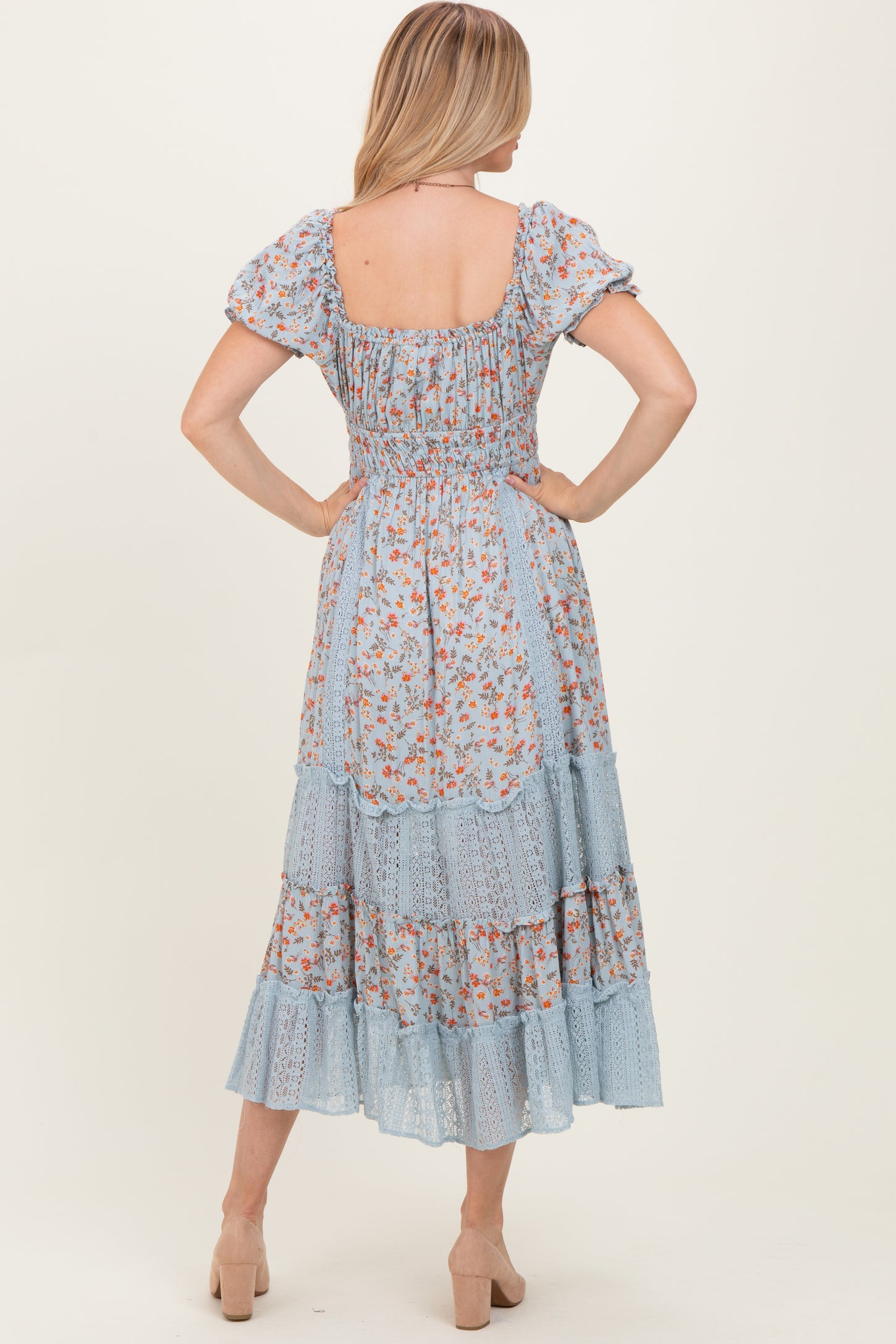 Light Blue Floral Lace Inset Puff Sleeve Maxi Dress