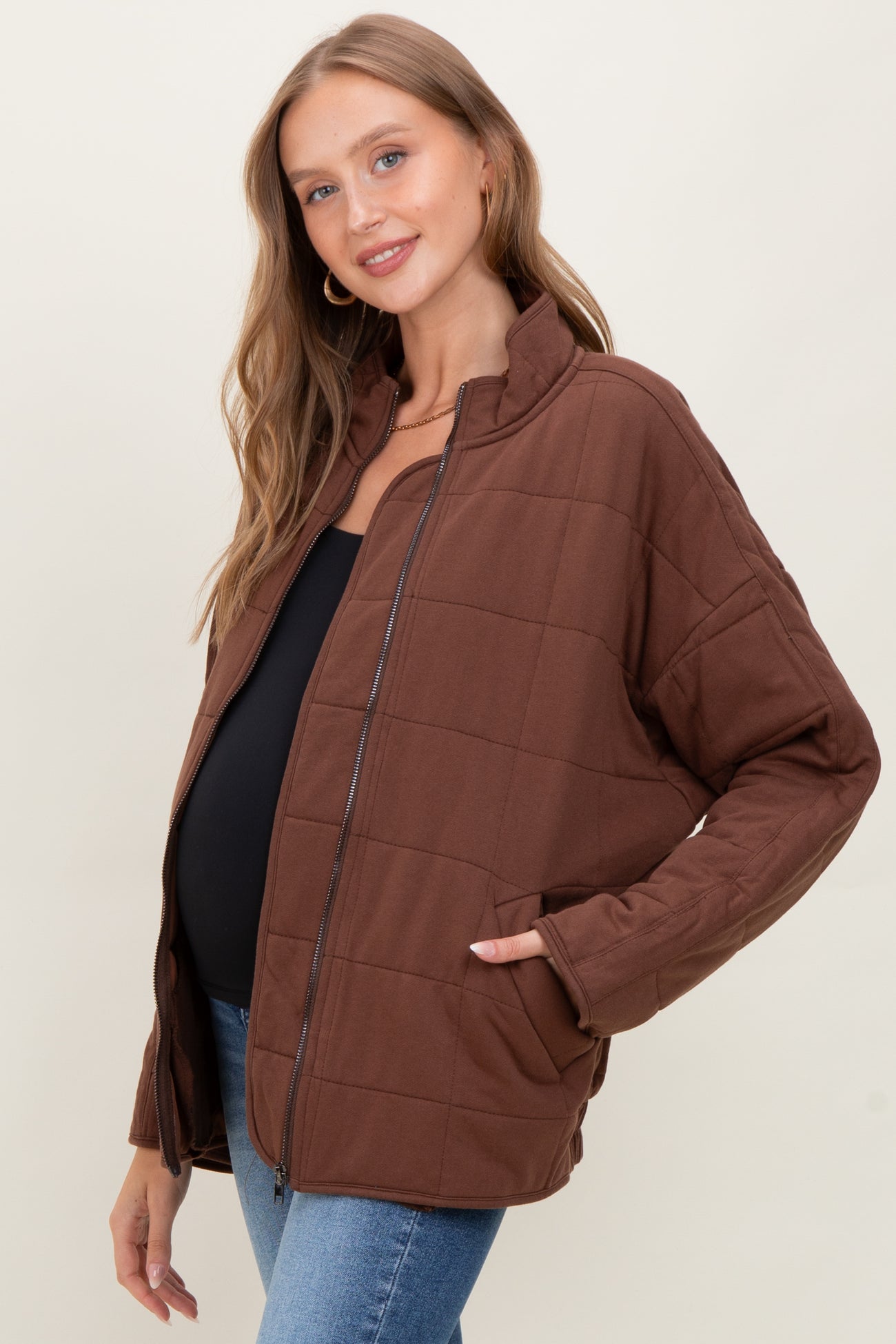 Brown Quilted Oversized Maternity Jacket